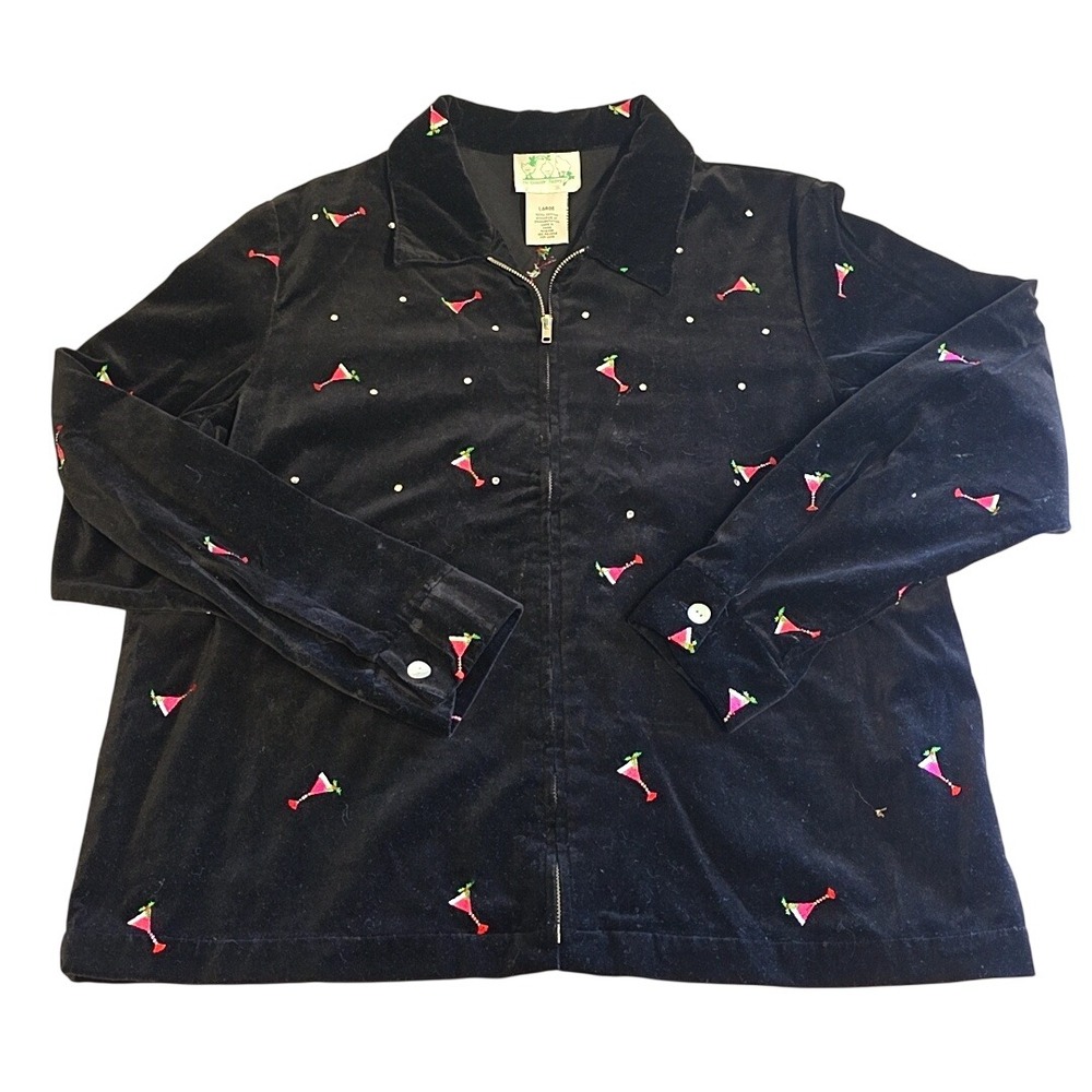 The Quacker Factory Jacket Women Large Black Velvet Martini Embroidered Zip Up